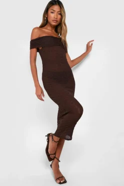 Bodycon Dresses*boohoo Bardot Ruched Textured Midaxi Dress chocolate