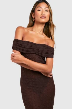 Bodycon Dresses*boohoo Bardot Ruched Textured Midaxi Dress chocolate