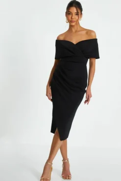 Wrap Dresses|Midi Dresses*Quiz Bardot Ruched Wrap Midi Dress Black