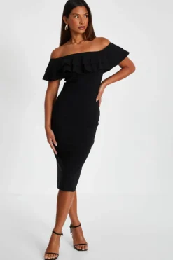 Midi Dresses*Quiz Bardot Ruffle Midi Bodycon Dress Black