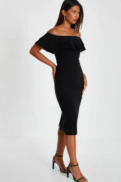 Midi Dresses*Quiz Bardot Ruffle Midi Bodycon Dress Black