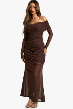 Maxi Dresses*boohoo Bardot Slinky Mesh Mix Maxi Dress chocolate