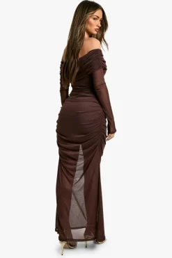 Maxi Dresses*boohoo Bardot Slinky Mesh Mix Maxi Dress chocolate