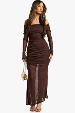 Maxi Dresses*boohoo Bardot Slinky Mesh Mix Maxi Dress chocolate