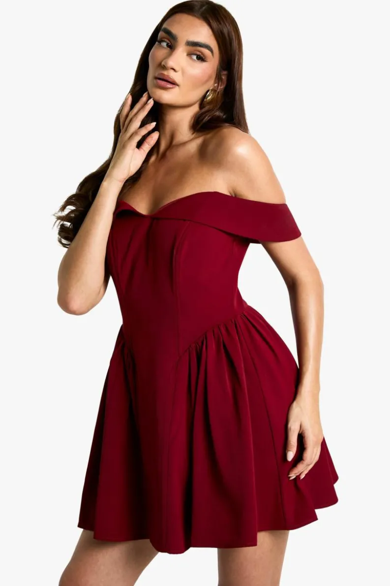 Skater Dresses*boohoo Bardot Structured Skater Dress plum