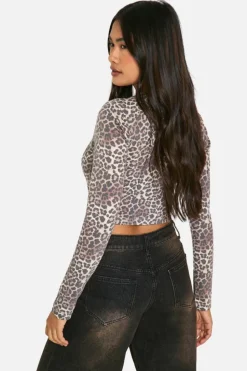 Long Sleeve Tops*boohoo Basic Animal Print Cotton Long Sleeve Asymmetric Top leopard