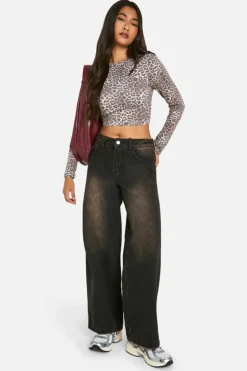 Long Sleeve Tops*boohoo Basic Animal Print Cotton Long Sleeve Asymmetric Top leopard