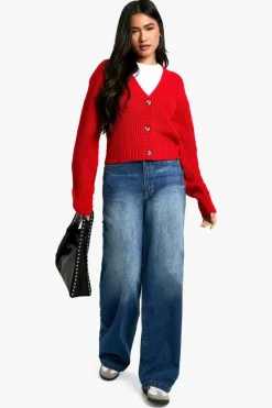 Cardigans*boohoo Basic Button Through Crop Cardigan red