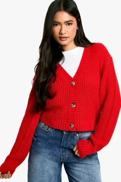Cardigans*boohoo Basic Button Through Crop Cardigan red