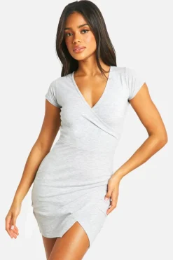 Wrap Dresses*boohoo Basic Cotton Wrap Mini Dress grey