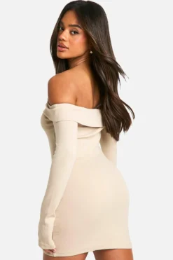 Bodycon Dresses*boohoo Basic Rib Bardot Mini Dress stone