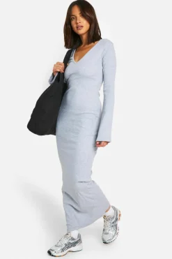 Maxi Dresses*boohoo Basic Rib Flare Sleeve V Neck Dress grey marl