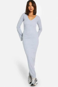 Maxi Dresses*boohoo Basic Rib Flare Sleeve V Neck Dress grey marl