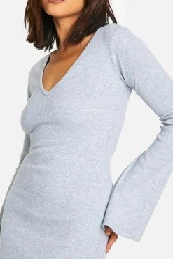 Maxi Dresses*boohoo Basic Rib Flare Sleeve V Neck Dress grey marl