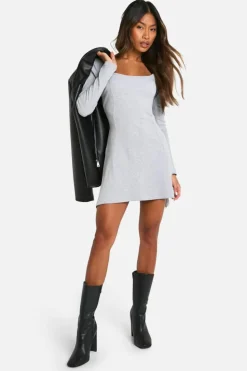 Skater Dresses*boohoo Basic Rib Long Sleeve Skater grey marl
