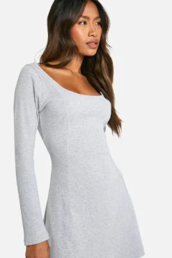 Skater Dresses*boohoo Basic Rib Long Sleeve Skater grey marl
