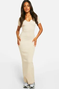 Bodycon Dresses*boohoo Basic Rib Notch Maxi Dress stone