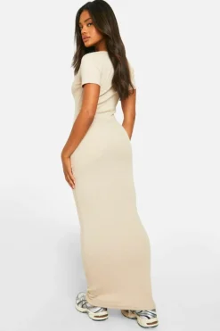 Bodycon Dresses*boohoo Basic Rib Notch Maxi Dress stone