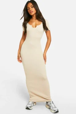 Bodycon Dresses*boohoo Basic Rib Notch Maxi Dress stone