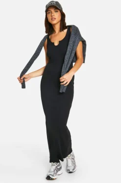Bodycon Dresses*boohoo Basic Rib Notch Maxi Dress black