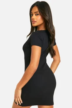 Bodycon Dresses*boohoo Basic Rib Notch Mini Dress black