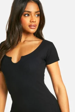 Bodycon Dresses*boohoo Basic Rib Notch Mini Dress black