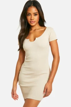 Bodycon Dresses*boohoo Basic Rib Notch Mini Dress stone