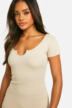 Bodycon Dresses*boohoo Basic Rib Notch Mini Dress stone