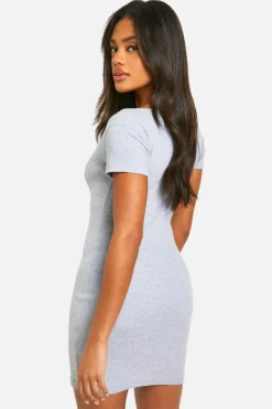 Bodycon Dresses*boohoo Basic Rib Notch Mini Dress grey marl