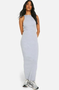 Bodycon Dresses*boohoo Basic Rib Racer Neck Maxi grey marl