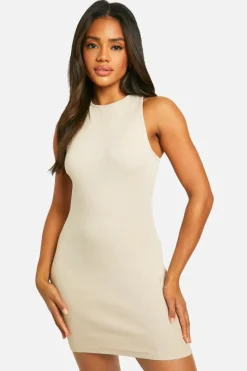 Bodycon Dresses*boohoo Basic Rib Racer Neck Mini stone