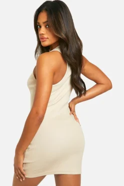 Bodycon Dresses*boohoo Basic Rib Racer Neck Mini stone