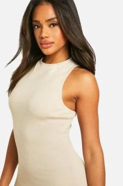 Bodycon Dresses*boohoo Basic Rib Racer Neck Mini stone