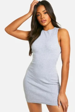 Bodycon Dresses*boohoo Basic Rib Racer Neck Mini grey marl