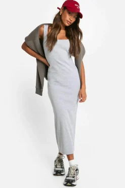 Bodycon Dresses*boohoo Basic Rib Square Neck Maxi grey marl