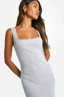 Bodycon Dresses*boohoo Basic Rib Square Neck Maxi grey marl