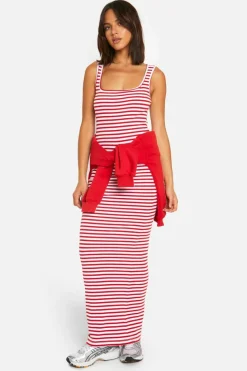 Bodycon Dresses|Maxi Dresses*boohoo Basic Rib Stripe Square Neck Maxi red