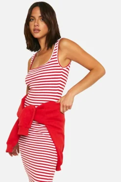 Bodycon Dresses|Maxi Dresses*boohoo Basic Rib Stripe Square Neck Maxi red