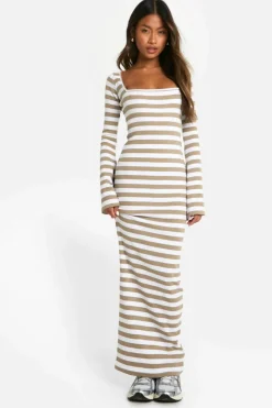 Maxi Dresses|Long Sleeve Dresses*boohoo Basic Rib Stripe Square Neck Maxi neutral