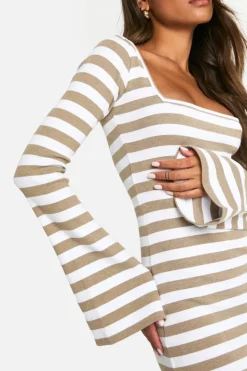 Maxi Dresses|Long Sleeve Dresses*boohoo Basic Rib Stripe Square Neck Maxi neutral