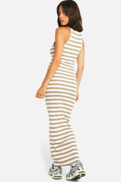 Bodycon Dresses*boohoo Basic Stripe Rib Racer Neck Maxi stone