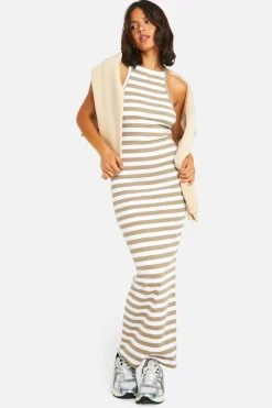 Bodycon Dresses*boohoo Basic Stripe Rib Racer Neck Maxi stone