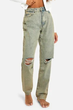Up To 80% Off Winter Warmers|Denim*boohoo Basics 30 Inch Leg Wash High Waisted Straight Leg Ripped Knee Jeans sand