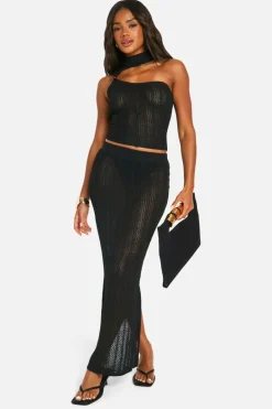 Knitted Co-Ords|Skirts*boohoo Bead Cut Out Detail Top And Maxi Skirt Set black