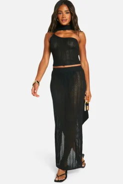 Knitted Co-Ords|Skirts*boohoo Bead Cut Out Detail Top And Maxi Skirt Set black