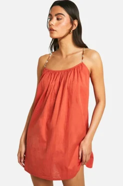 Smock Dresses*boohoo Beaded Strap Linen Look Mini Dress rust