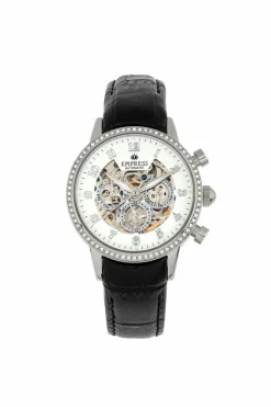 Watches*Empress Beatrice Automatic Skeleton Dial Leather-Band Watch with Day & Date Silver