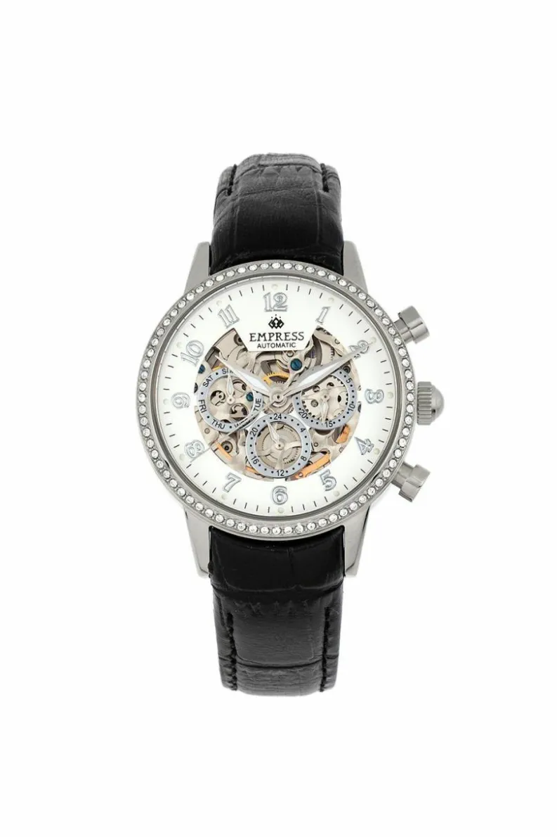 Watches*Empress Beatrice Automatic Skeleton Dial Leather-Band Watch with Day & Date Silver