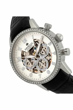 Watches*Empress Beatrice Automatic Skeleton Dial Leather-Band Watch with Day & Date Silver
