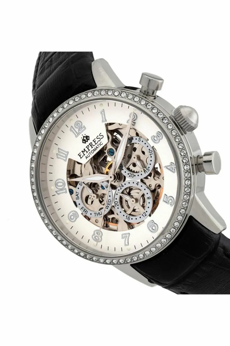 Watches*Empress Beatrice Automatic Skeleton Dial Leather-Band Watch with Day & Date Silver